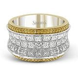 This contemporary two-tone band is set with a triple row of 2.45 ctw princess cut white diamonds silhouetted by .19 ctw round yellow diamond accents.