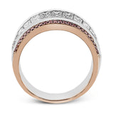 This contemporary two-tone band is set with a triple row of 2.45 ctw princess cut white diamonds silhouetted by .19 ctw round yellow diamond accents.