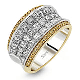 This contemporary two-tone band is set with a triple row of 2.45 ctw princess cut white diamonds silhouetted by .19 ctw round yellow diamond accents.