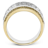 This contemporary two-tone band is set with a triple row of 2.45 ctw princess cut white diamonds silhouetted by .19 ctw round yellow diamond accents.