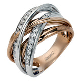 The intertwined design of this contemporary two-tone band is highlighted by .36 ctw of glistening round cut white diamonds set in rose and white gold.
