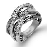 The intertwined design of this contemporary two-tone band is highlighted by .36 ctw of glistening round cut white diamonds set in rose and white gold.