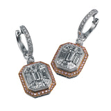 This dramatic white and rose gold contemporary earrings are accented with a 4.0 ctw center mosaic of sparkling white diamonds complemented by .21 ctw round white diamonds and .35 round pink diamonds.