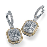 This dramatic white and rose gold contemporary earrings are accented with a 4.0 ctw center mosaic of sparkling white diamonds complemented by .21 ctw round white diamonds and .35 round pink diamonds.