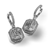 This dramatic white and rose gold contemporary earrings are accented with a 4.0 ctw center mosaic of sparkling white diamonds complemented by .21 ctw round white diamonds and .35 round pink diamonds.