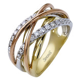 Featuring a distinctive contemporary intertwined design, this three-tone band is accentuated by .52 round cut white diamonds set in yellow, white and rose gold.