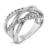 Featuring a distinctive contemporary intertwined design, this three-tone band is accentuated by .52 round cut white diamonds set in yellow, white and rose gold.