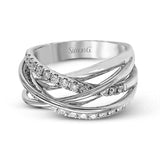 Featuring a distinctive contemporary intertwined design, this three-tone band is accentuated by .52 round cut white diamonds set in yellow, white and rose gold.