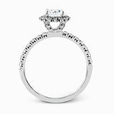 The classic halo design of this white gold engagement ring and wedding band are elevated by .80 ctw of shimmering round cut white diamonds.