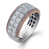 The luminous design of this white and rose gold band features .28 cttw round cut pink diamonds with 2.40 cttw of Princess cut diamonds.