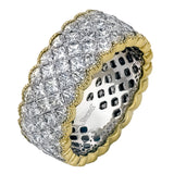 The contemporary design of this white and yellow gold band is highlighted by the presence of 5.16 ctw of princess cut white diamonds in a dramatic setting.