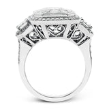 This impressive white and rose gold ring is set with a 3.0 ctw mosaic of white diamonds accented by .45 ctw round cut white diamonds, 1.06 emerald cut white diamonds, and .30 pink diamonds.