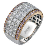 This elegantly-styled contemporary white and rose gold band is accented by 2.50 ctw of princess cut white diamonds and .50 ctw of round pink diamonds.