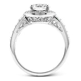 With a beautiful halo surrounding the center stone, this lovely white gold engagement ring is set with 1.14 ctw of shimmering princess cut white diamonds and .20 ctw round cut white diamonds.