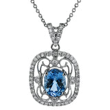 This lovely vintage inspired three-tone pendant features an intricate lacy design set with .38 ctw round cut white diamonds and .45 ctw yellow oval diamonds.