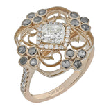 Reflecting an intricate vintage-inspired design, this three-tone gold ring is set with .61 ctw round cut white diamonds and a .53 ctw yellow oval diamond.
