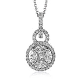 With its double circle design, this elegant white gold pendant is accented with .10 ctw princess cut white diamonds, .19 ctw round cut white diamonds, and .30 ctw marquise cut white diamonds.