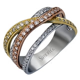 Featuring an intricately entwined contemporary design, this tri-tone ring is highlighted by .42 ctw of round cut white diamonds in rose, yellow, and white gold.
