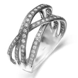 Featuring an intricately entwined contemporary design, this tri-tone ring is highlighted by .42 ctw of round cut white diamonds in rose, yellow, and white gold.