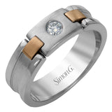 Featuring a distinctive buckle design, this contemporary men's white and rose gold ring is accented by a center feature of .15 ctw round white diamonds.