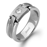 Featuring a distinctive buckle design, this contemporary men's white and rose gold ring is accented by a center feature of .15 ctw round white diamonds.