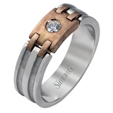 Presenting a thoroughly modern design, this two-tone men's white gold band is accented by rose gold accents and .13 ctw round white diamonds.