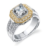 The dramatic contemporary design of this white gold ring is highlighted by .59 ctw of round cut white diamonds and .36 ctw princess cut diamonds.