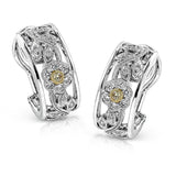The intricate floral design of these elegant two-tone classic style earrings is accentuated by .04 ctw of round cut yellow diamonds and .23 ctw of round cut white diamonds in an arresting yellow and rose gold setting.