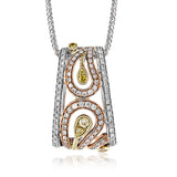 Reflecting a modern paisley design, this dazzling two-tone pendant is set with .35 ctw of round white diamonds and .09 ctw of round cut yellow diamonds.