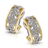 Featuring a delicate floral design, these two-tone vintage style earrings are set with .23 ctw of round cut white diamonds and .04 ctw of round yellow diamonds in a shimmering yellow and white gold setting.