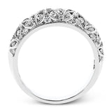 This lacy vintage inspired white gold band features .62 ctw of round cut white diamonds in a charming floral design.