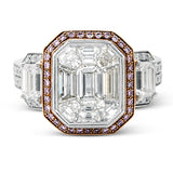 This brilliant white and rose gold contemporary ring is accentuated by a 2.0 ctw center mosaic of white diamonds, complemented by .30 ctw round cut white diamonds, .77 ctw emerald cut white diamonds, and .18 ctw round pink diamond accents.