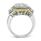 This brilliant white and rose gold contemporary ring is accentuated by a 2.0 ctw center mosaic of white diamonds, complemented by .30 ctw round cut white diamonds, .77 ctw emerald cut white diamonds, and .18 ctw round pink diamond accents.