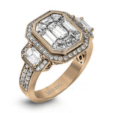 This brilliant white and rose gold contemporary ring is accentuated by a 2.0 ctw center mosaic of white diamonds, complemented by .30 ctw round cut white diamonds, .77 ctw emerald cut white diamonds, and .18 ctw round pink diamond accents.