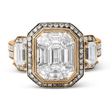 This brilliant white and rose gold contemporary ring is accentuated by a 2.0 ctw center mosaic of white diamonds, complemented by .30 ctw round cut white diamonds, .77 ctw emerald cut white diamonds, and .18 ctw round pink diamond accents.