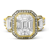 This brilliant white and rose gold contemporary ring is accentuated by a 2.0 ctw center mosaic of white diamonds, complemented by .30 ctw round cut white diamonds, .77 ctw emerald cut white diamonds, and .18 ctw round pink diamond accents.