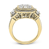 This brilliant white and rose gold contemporary ring is accentuated by a 2.0 ctw center mosaic of white diamonds, complemented by .30 ctw round cut white diamonds, .77 ctw emerald cut white diamonds, and .18 ctw round pink diamond accents.