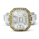 This brilliant white and rose gold contemporary ring is accentuated by a 2.0 ctw center mosaic of white diamonds, complemented by .30 ctw round cut white diamonds, .77 ctw emerald cut white diamonds, and .18 ctw round pink diamond accents.
