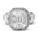 This brilliant white and rose gold contemporary ring is accentuated by a 2.0 ctw center mosaic of white diamonds, complemented by .30 ctw round cut white diamonds, .77 ctw emerald cut white diamonds, and .18 ctw round pink diamond accents.