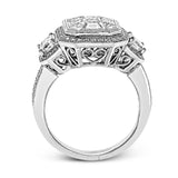 This brilliant white and rose gold contemporary ring is accentuated by a 2.0 ctw center mosaic of white diamonds, complemented by .30 ctw round cut white diamonds, .77 ctw emerald cut white diamonds, and .18 ctw round pink diamond accents.