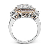 This brilliant white and rose gold contemporary ring is accentuated by a 2.0 ctw center mosaic of white diamonds, complemented by .30 ctw round cut white diamonds, .77 ctw emerald cut white diamonds, and .18 ctw round pink diamond accents.