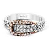 The eye-catching buckle design of this contemporary white and rose gold ring is highlighted by .65 ctw of round cut white diamonds.
