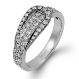 The eye-catching buckle design of this contemporary white and rose gold ring is highlighted by .65 ctw of round cut white diamonds.