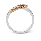 The eye-catching buckle design of this contemporary white and rose gold ring is highlighted by .65 ctw of round cut white diamonds.