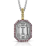 18K white yellow and rose gold pendent featuring .05cttw yellow diamonds, .11cttw natural pink diamonds and 1cttw white diamonds.