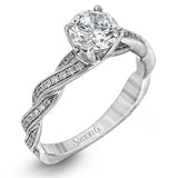 This exquisite white contemporary engagement ring features a delicate twist design on the band accented by .22 ctw of sparkling round cut white diamonds.