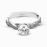This exquisite white contemporary engagement ring features a delicate twist design on the band accented by .22 ctw of sparkling round cut white diamonds.