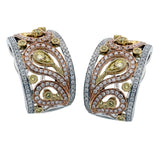 These exquisite three tone earrings feature a distinctive paisley design set with .93 ctw round white diamonds and .30 ctw round cut yellow diamonds in a yellow, white and rose gold setting.