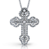 Set with a shimmering center diamond, this Gothic style cross pendant features 1.43 ctw of sparkling white diamonds through its stunning design.