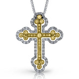 Set with a shimmering center diamond, this Gothic style cross pendant features 1.43 ctw of sparkling white diamonds through its stunning design.